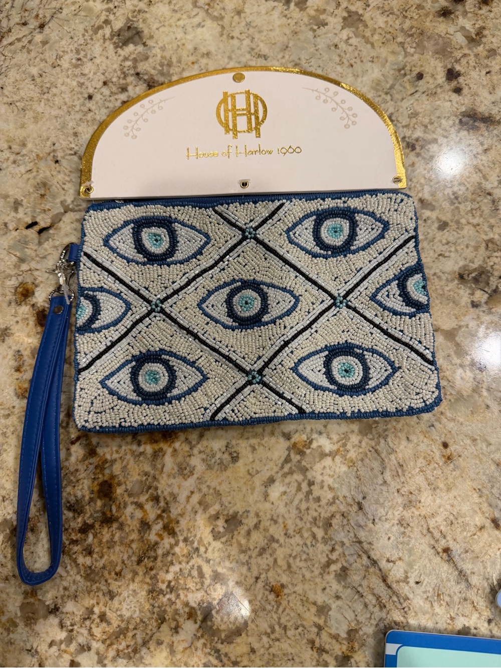 House of Harlow 1960 Beaded Eye Wristlet in Blue and White